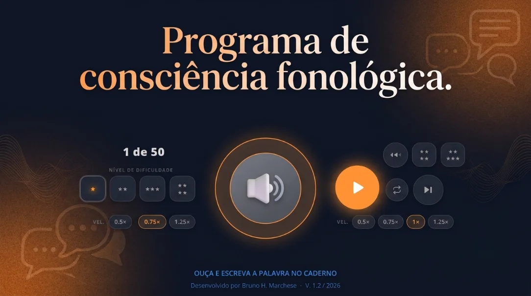 Tela do aplicativo de consciência fonêmica e escrita com áudio profissional, usado nas aulas de alfabetização