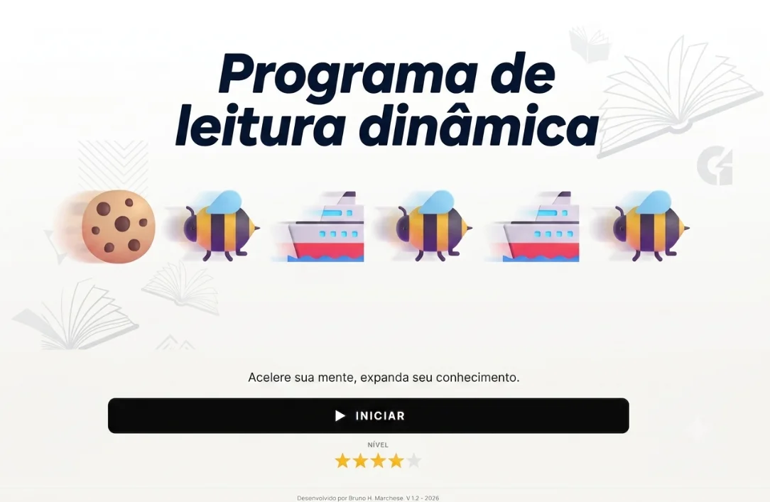 Tela do aplicativo de leitura dinâmica criado por Bruno Marchese para treinar a velocidade de leitura de crianças